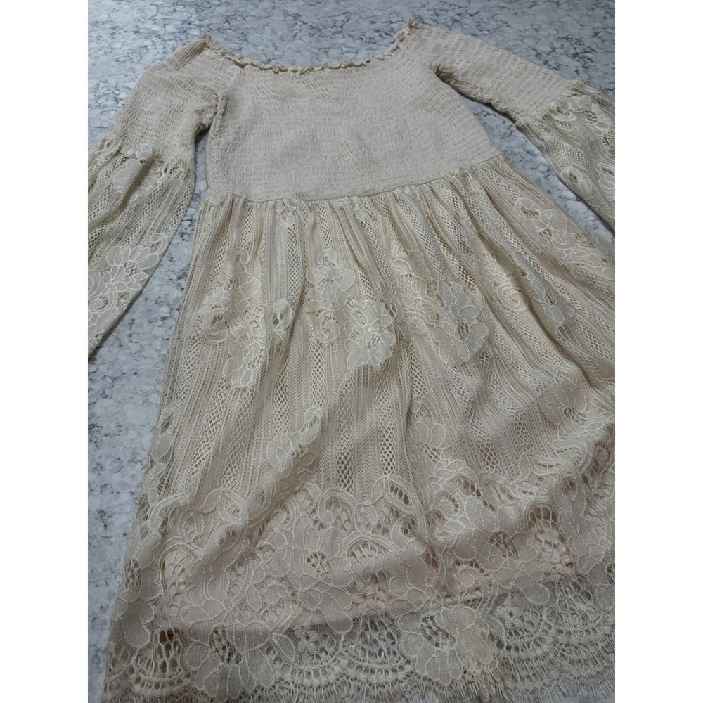 Taylor & Sage Women's Medium Ivory Off Shoulder Lace Bell Sleeve Boho Mini Dress - Picture 2 of 4